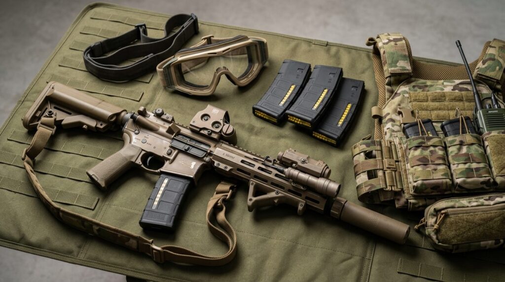 Close-up professional shot of airsoft equipment laid out on 