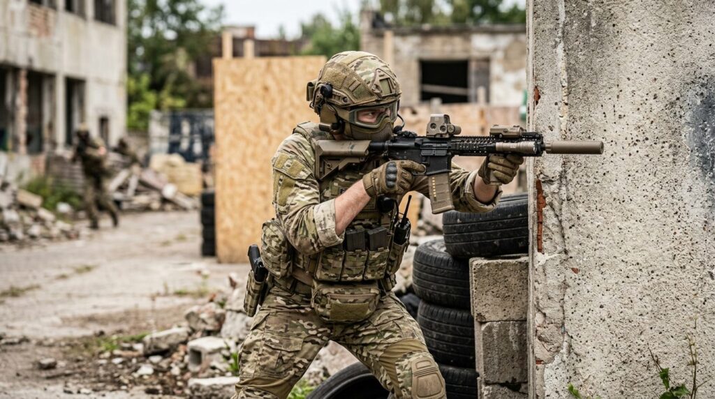 Dynamic action photograph of an airsoft player in full tacti
