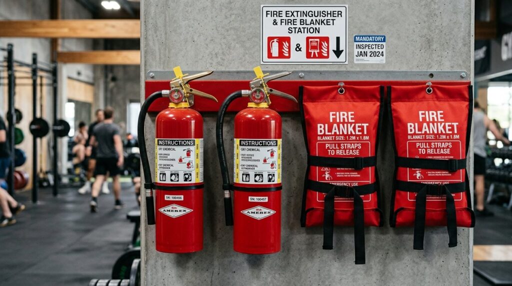 Close-up detailed shot of fire safety equipment including re