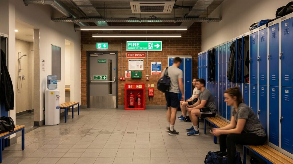 Interior view of a sports club changing room with visible fi