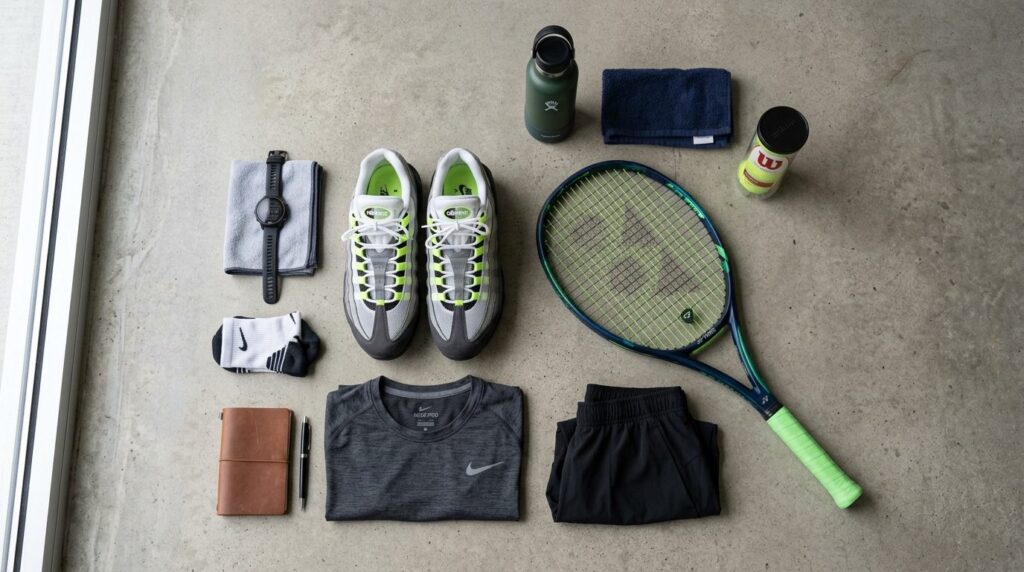 Flat lay overhead shot of Nike Air Max 95 surrounded by spor