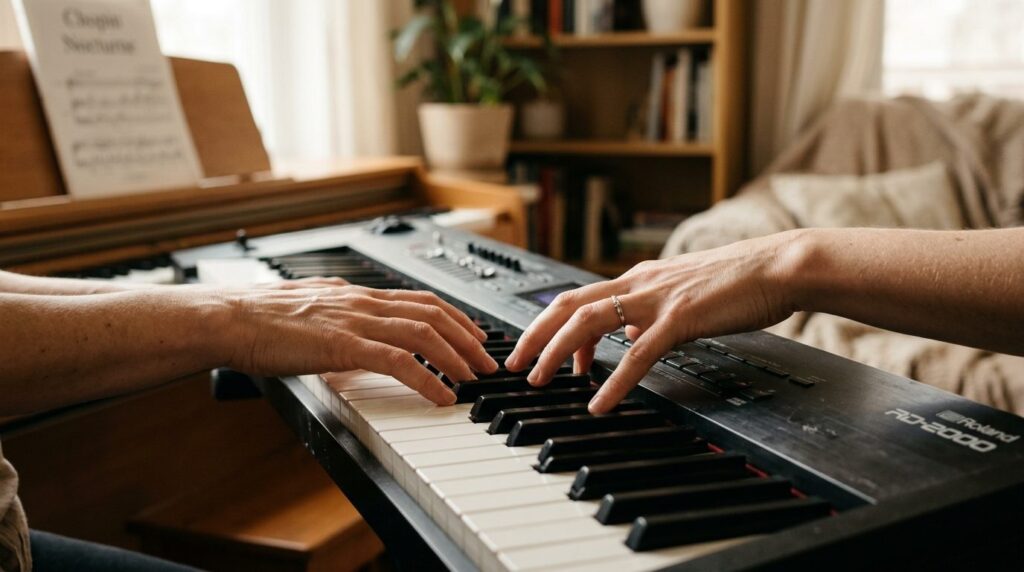 Close-up lifestyle photograph of hands playing on a weighted