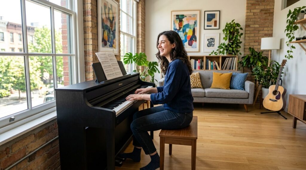 Wide-angle shot of a young adult musician in casual home att