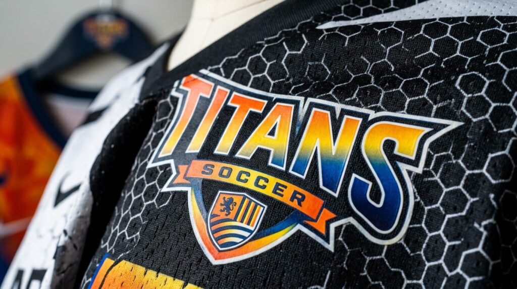 Close-up macro photography of DTF-printed sportswear fabric 