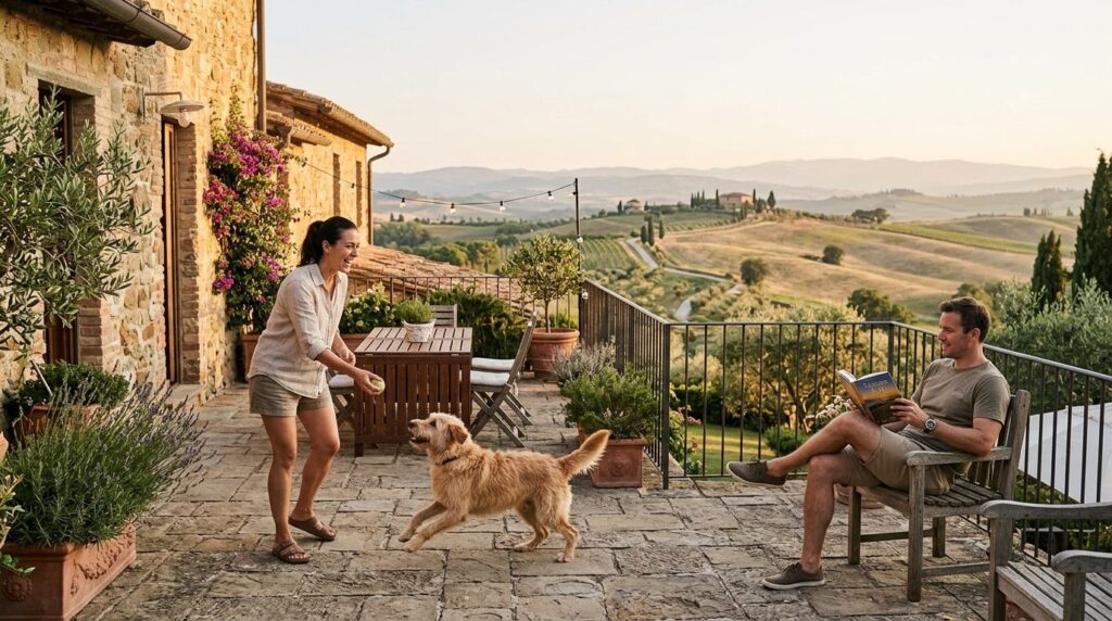 Active family with a medium-sized dog relaxing on a spacious
