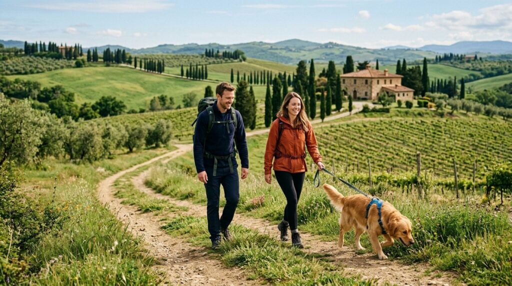 A couple hiking with their dog on a scenic Tuscan trail near