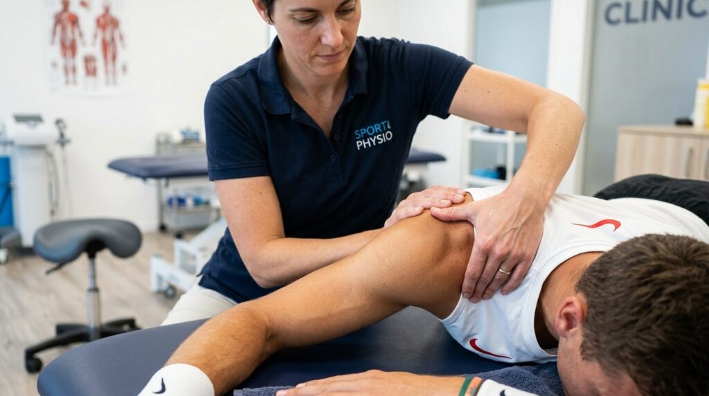 Close-up photorealistic image of a physiotherapists hands p