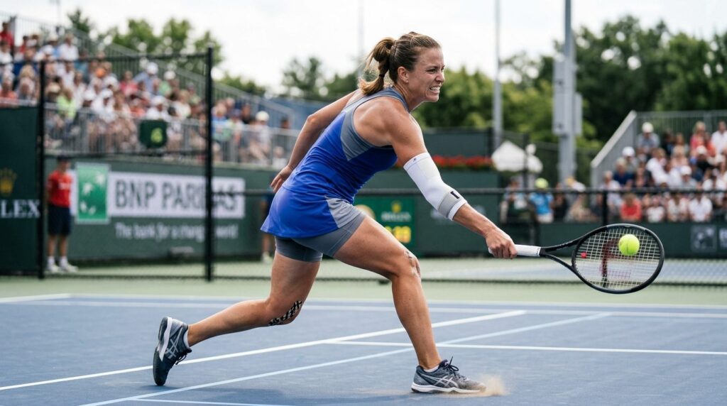 Photorealistic image of an active tennis player in mid-match