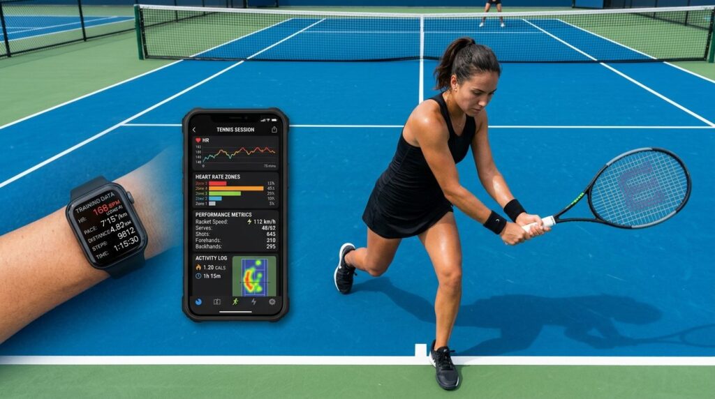 Tennispiller ses oppefra med træningsdata og statistikker omkring træningsplan.