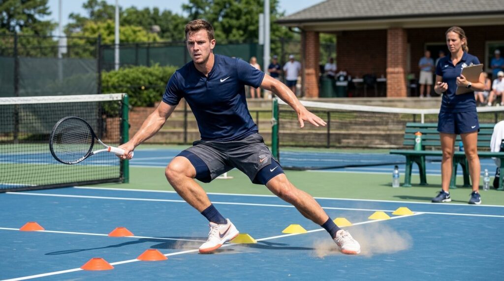 Fokuseret mandlig tennispiller under træning med intenst udtryk.