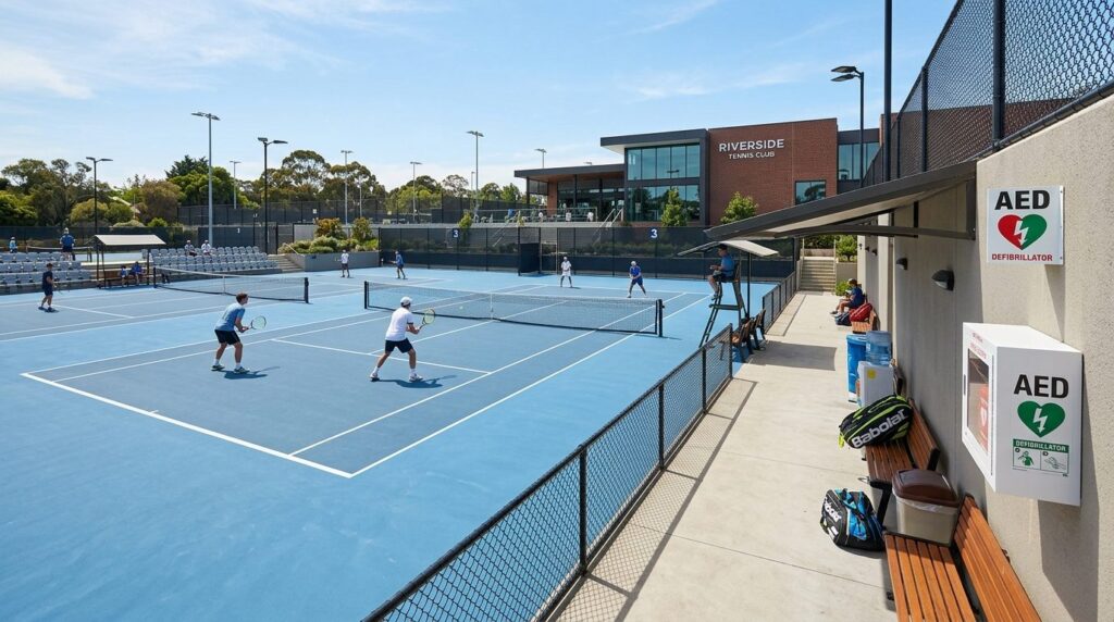 Wide angle view of a modern sports club facility with tennis