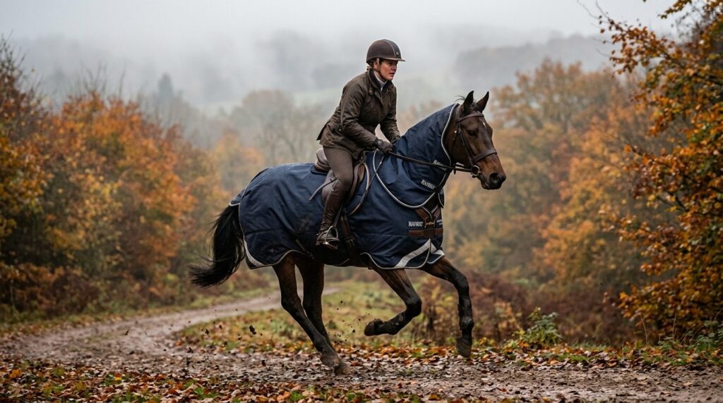 Realistic photograph of an active rider on horseback in autu