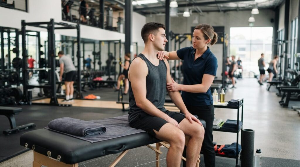 Young male athlete in gym setting receiving sports massage c