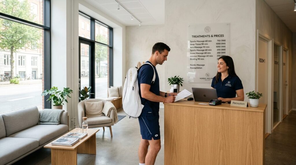 Modern Copenhagen massage clinic reception desk with price l