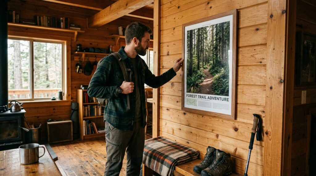 Outdoor enthusiast in hiking gear studying a framed nature p