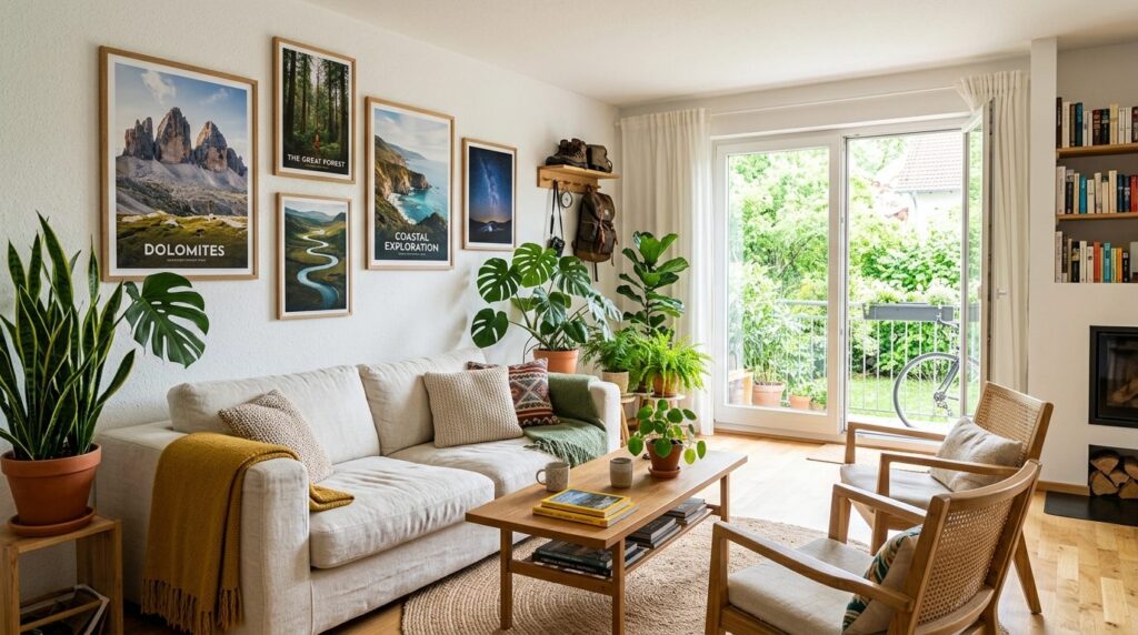 Bright living room with nature posters of wild landscapes an