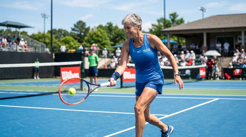 Active mature tennis player returning to sport on outdoor co