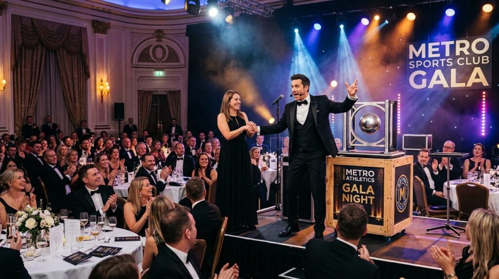 Professional magician performing stage illusion show at spor