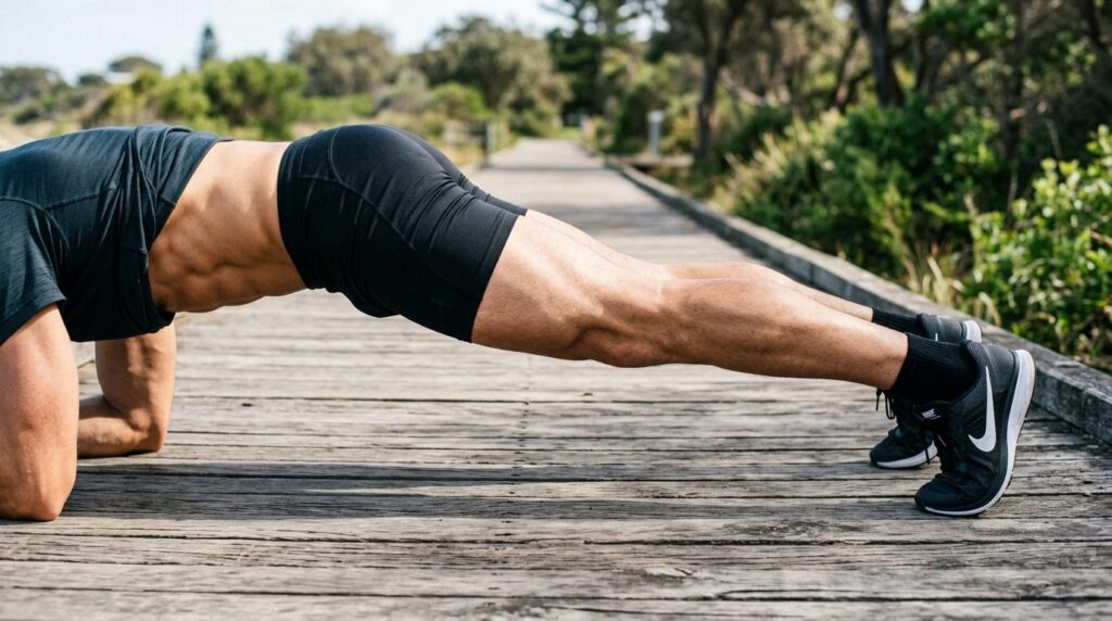 Close-up stock photography of a mans muscular legs and core