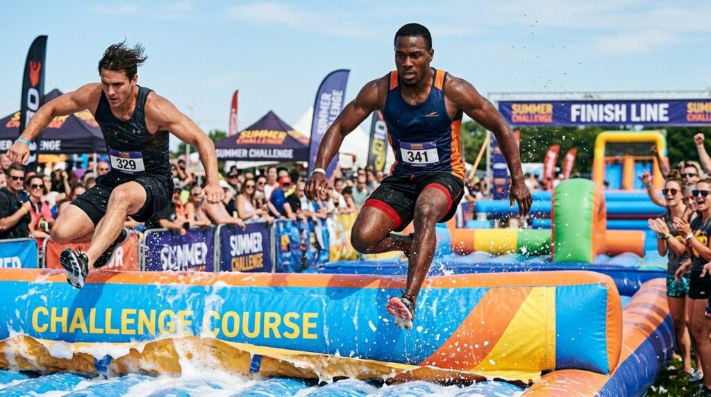 Close-up action shot 16:9, athletes competing on inflatable