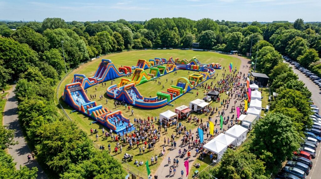 Aerial view 16:9 of outdoor recreational event, inflatable o
