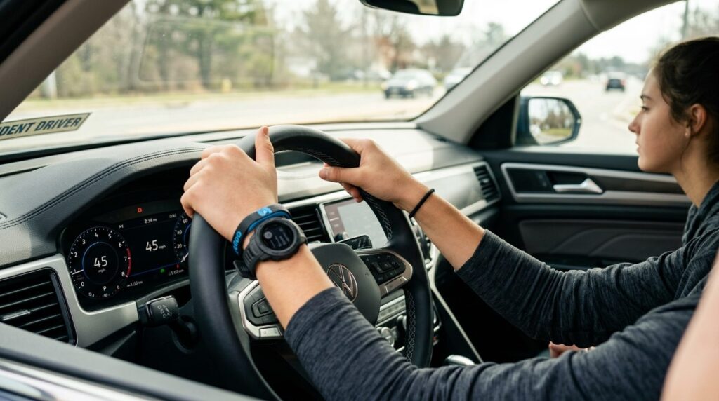 Close-up of an active young athletes hands on a car steerin