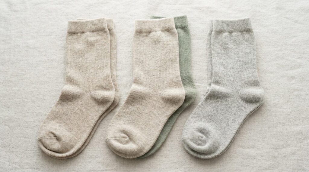 Overhead flat lay composition of three pairs of natural bamb