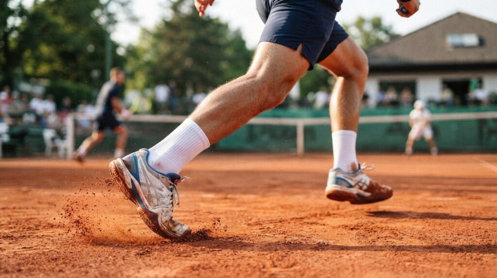 Action shot of a tennis players lower legs wearing bamboo s
