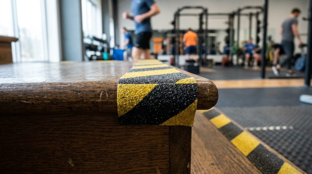 Close-up detail shot of anti-slip safety tape applied to ind