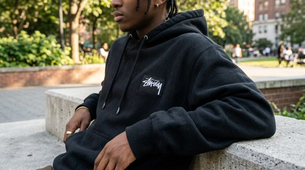 Close-up lifestyle shot of black Stussy oversized hoodie det