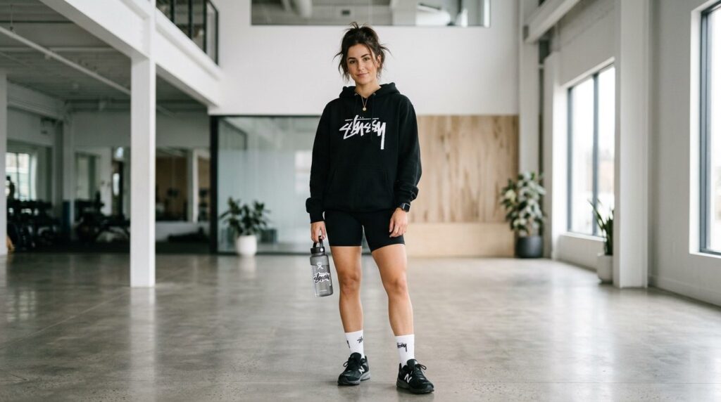 Full-body fashion photograph of fit young woman in oversized